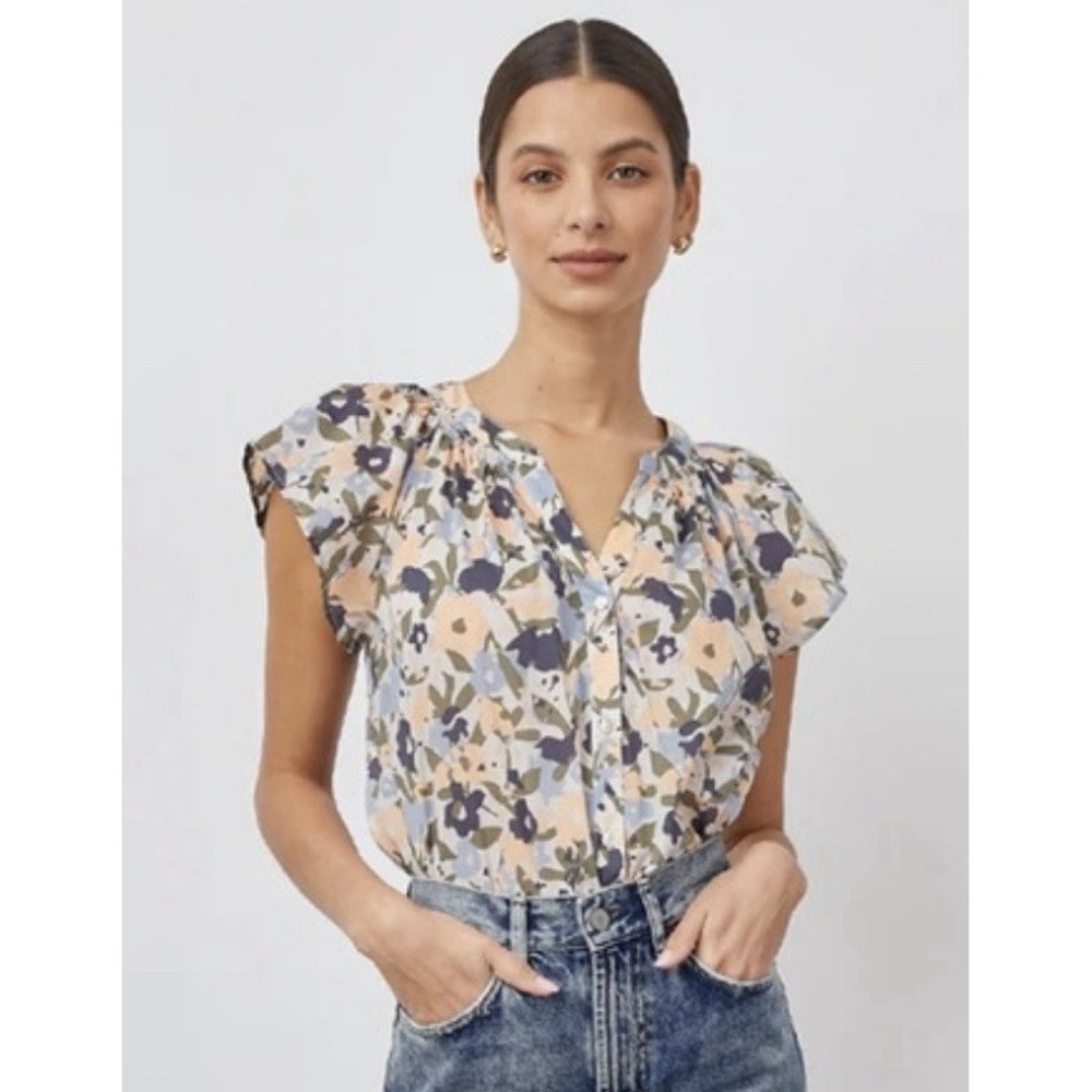 Rails Alena Blouse Size Medium Blue Pink Mod Floral Cotton Short Sleeve Top